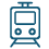 Icon of a train front view with windows and wheels, representing rail transport.