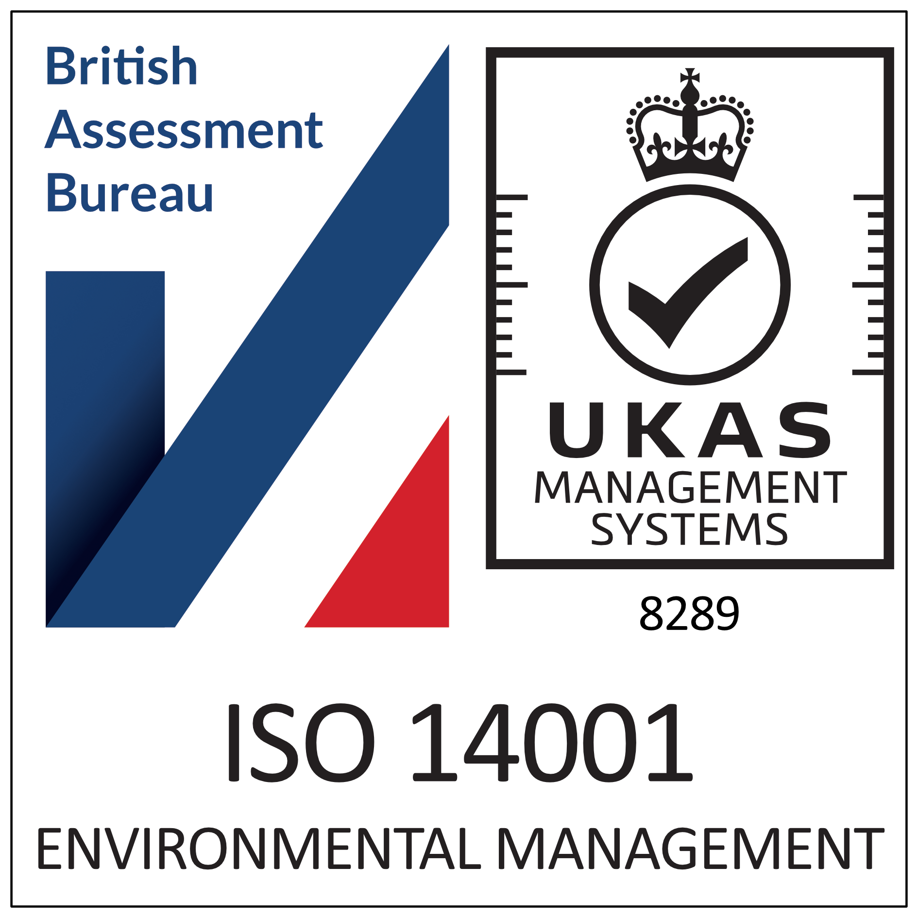 British Assessment Bureau and UKAS logos with ISO 14001 environmental management text.