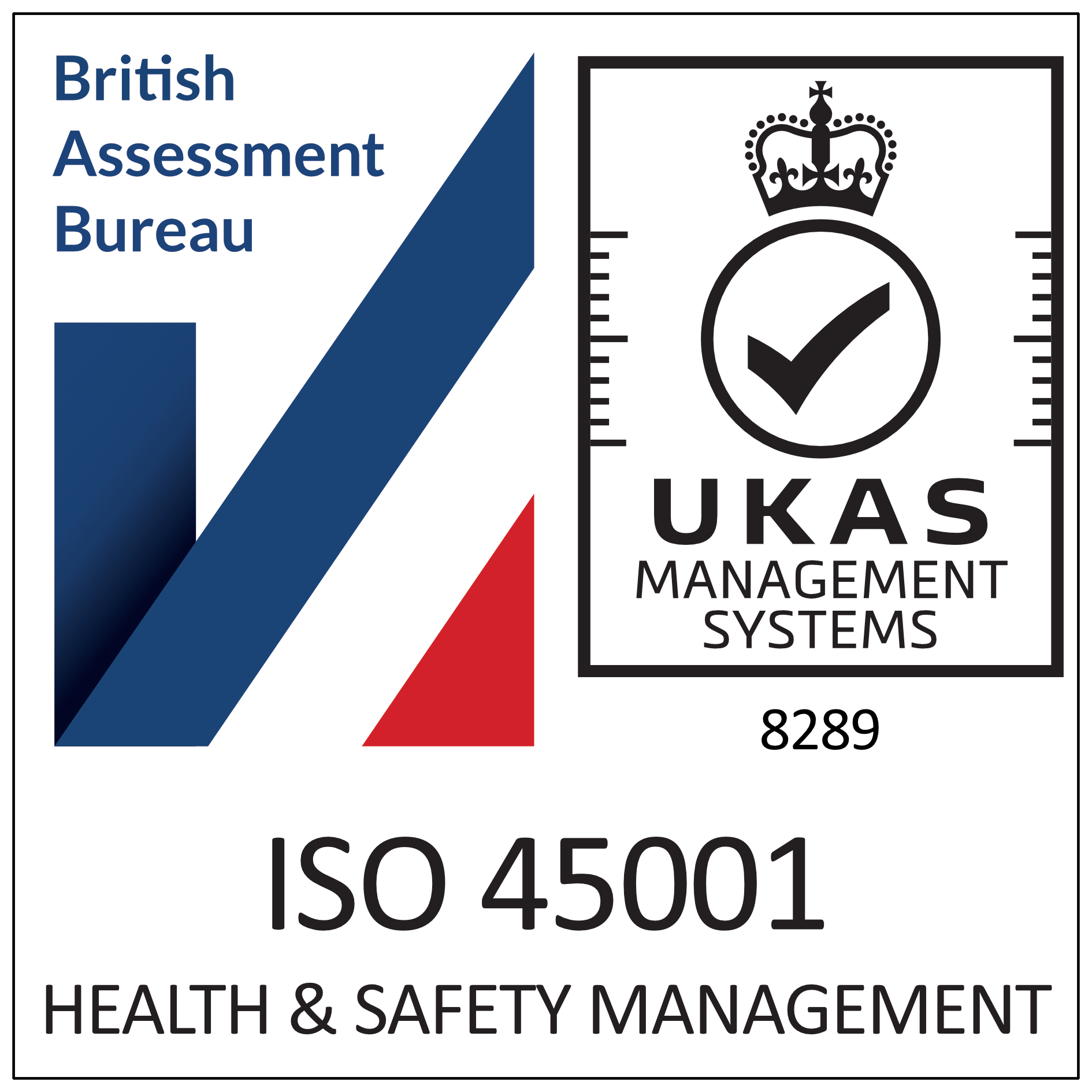 British Assessment Bureau and UKAS logos with ISO 45001 health and safety management text.