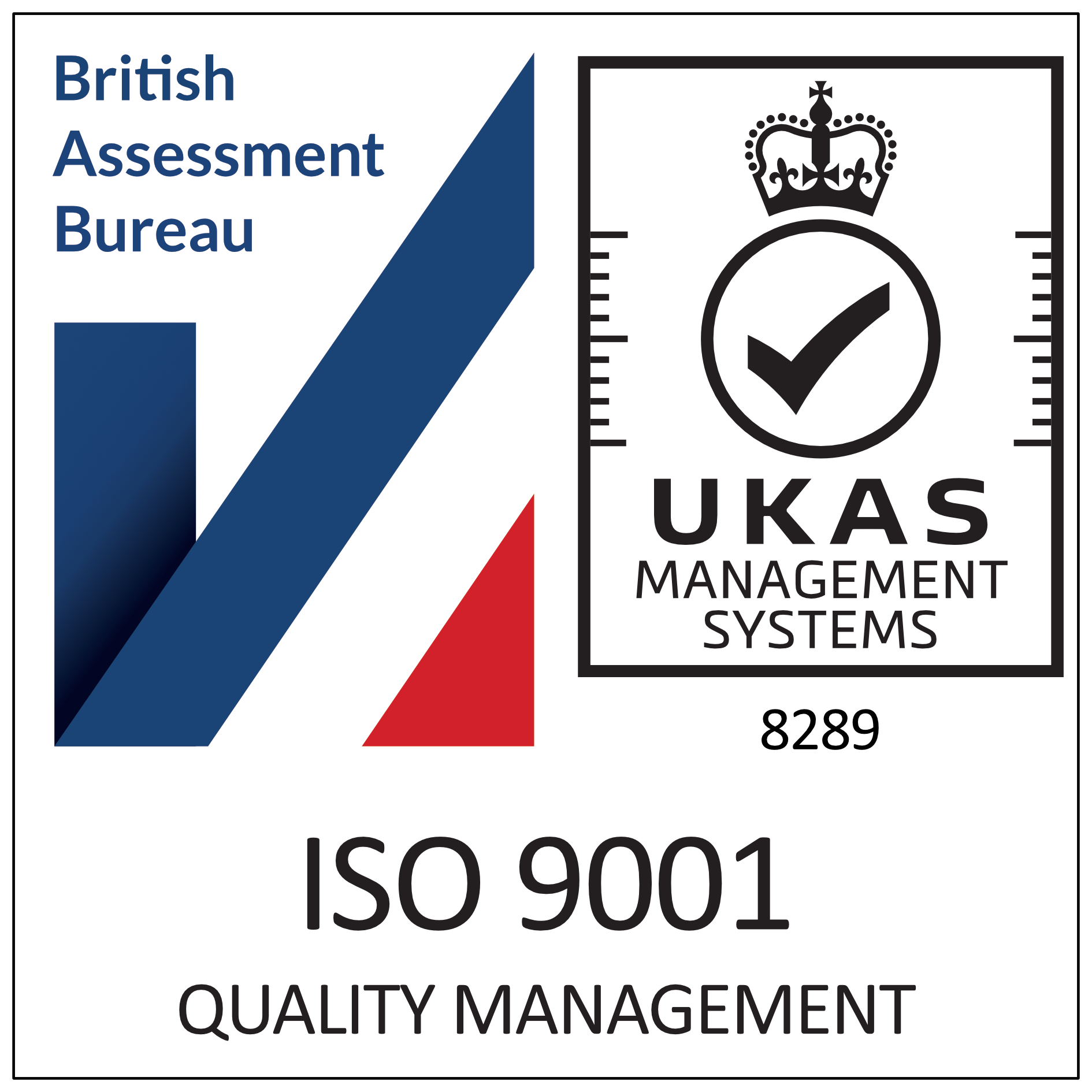 British Assessment Bureau and UKAS logos with ISO 9001 quality management text.
