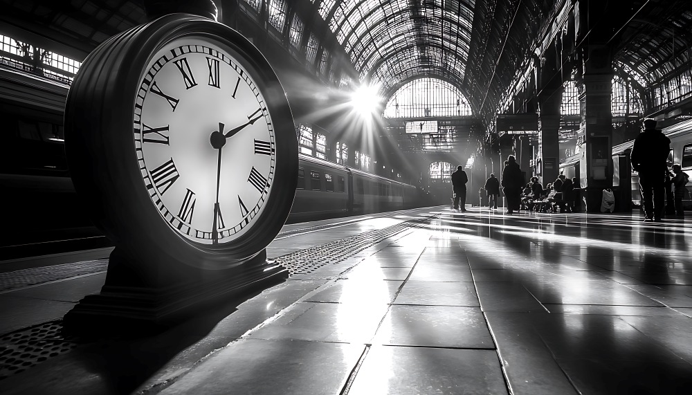 Large clock stands on a station platform with people walking beneath an arched glass roof.