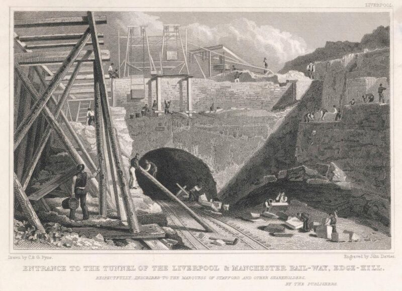 Historic illustration of workers constructing a railway tunnel with tracks entering an arched opening underground.