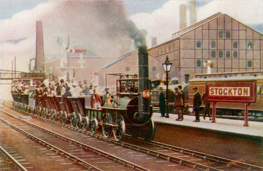 Historic illustration of an early steam locomotive with carriages at Stockton station with people on the platform.