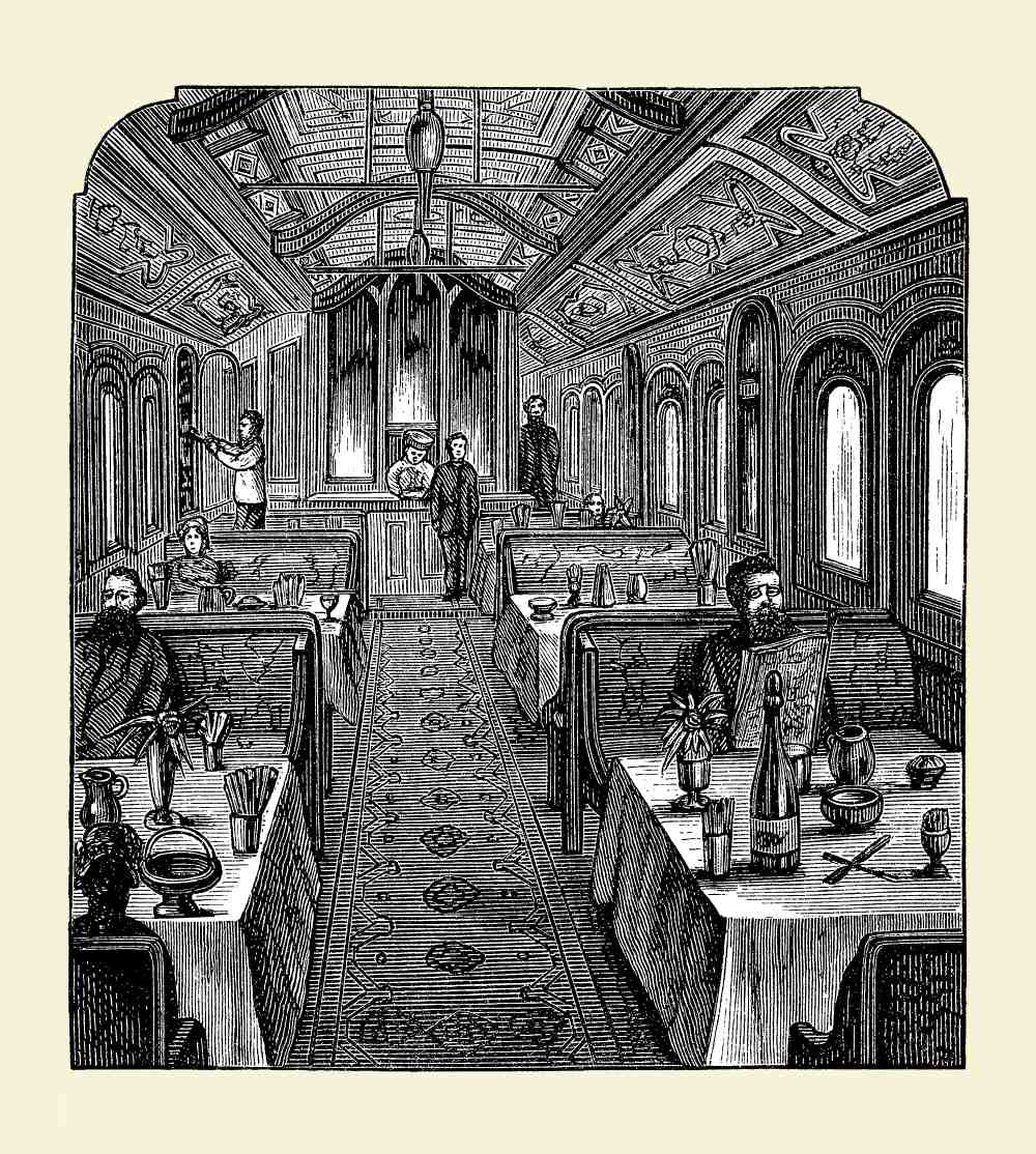Detailed illustration of passengers seated at tables inside a railway dining carriage with ornate interior panels.