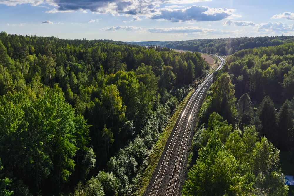 Aerial view of a railway line running through dense green woodland under a partly cloudy sky. Provide your feedback on BizChat