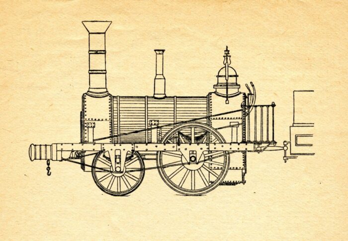 Side view technical drawing of an early steam locomotive showing wheels, boiler and pipework.