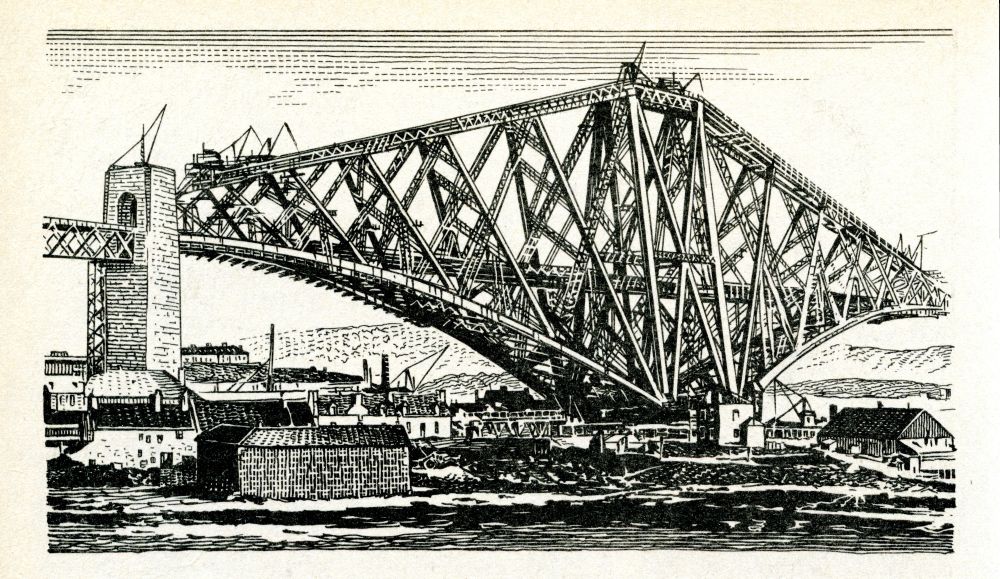 Detailed illustration of a large steel cantilever bridge spanning water with buildings beneath.