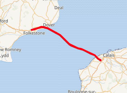 Map showing a red route line crossing the English Channel between Dover and Calais.