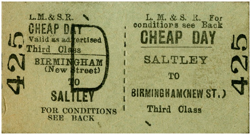 Old printed train ticket marked Cheap Day with route from Saltley to Birmingham New Street.
