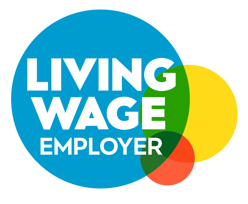 Logo reading Living Wage Employer with overlapping coloured circles behind the text.