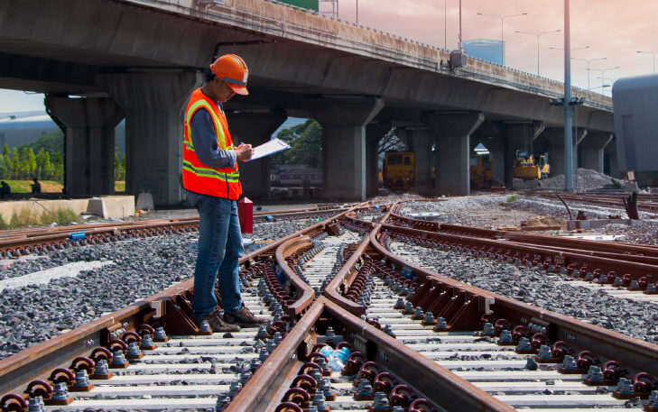 Worker in high‑visibility clothing checks notes while standing on a railway track junction beneath a bridge.