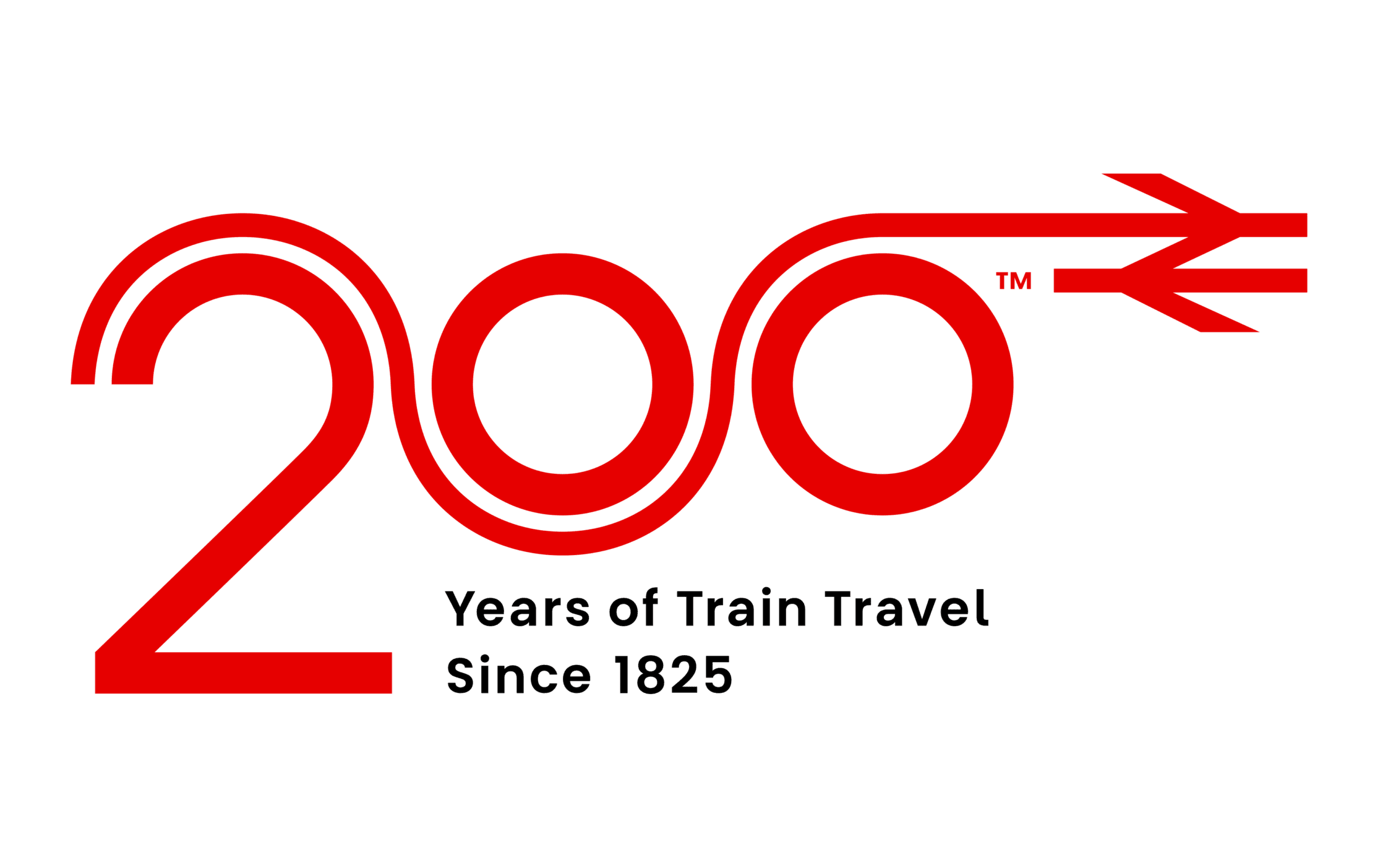 Red graphic showing 200 with a stylised train track and text reading Years of Train Travel Since 1825.