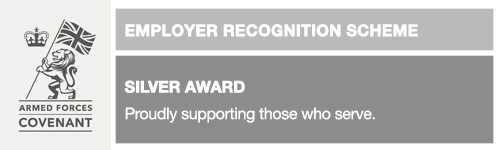 Badge showing Armed Forces Covenant lion emblem and text Employer Recognition Scheme Silver Award.