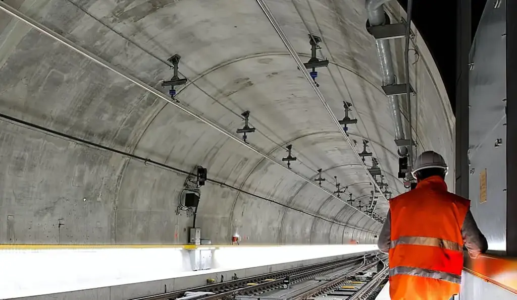 Worker in high-visibility clothing stands beside railway track inside a curved tunnel with lighting overhead.