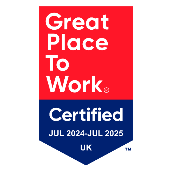 Badge reading Great Place to Work Certified Jul 2024 to Jul 2025 UK.