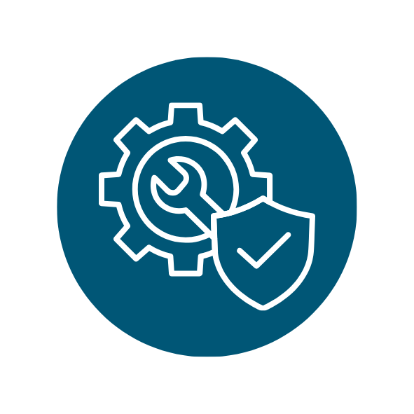 Icon of a cogwheel with a wrench and shield, representing maintenance and protected systems.