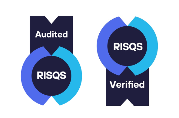 Two RISQS badges labelled Audited and Verified with circular blue and teal design elements.