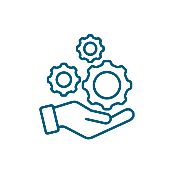 Icon of a hand holding three gears, representing support, maintenance and engineering systems.