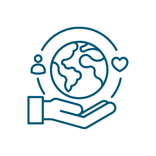 Icon of a hand holding a globe with person and heart symbols above.