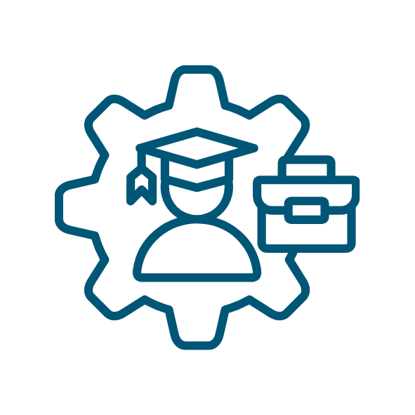 Icon of a person wearing a graduation cap with a briefcase and gear behind, representing learning and careers.