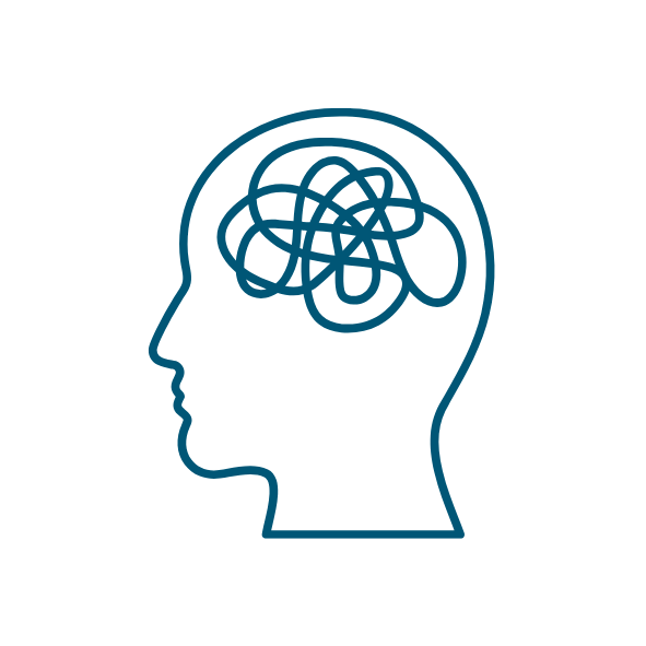 Icon of a head profile with a tangled line inside, representing mental health and wellbeing.