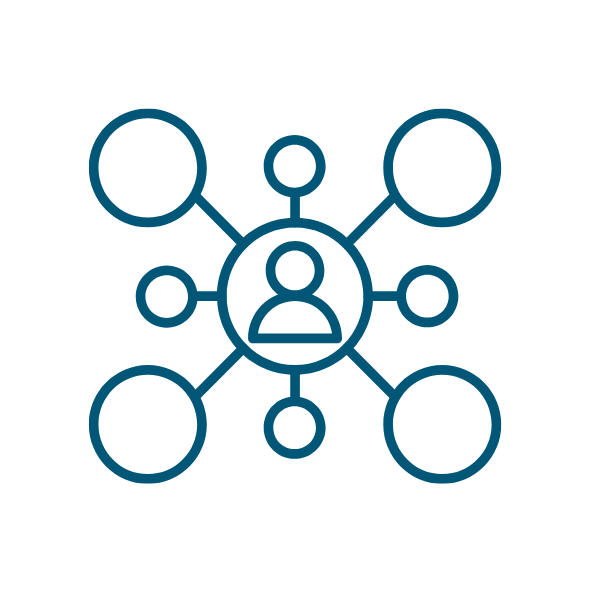 Icon of a person connected to surrounding circles, representing networks, collaboration or connections.