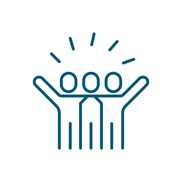Icon of three people with raised arms, representing team recognition, achievement and success.