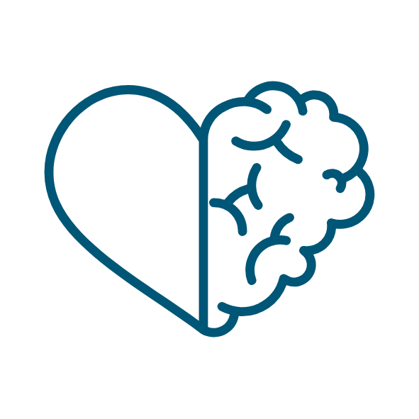 Icon of a heart combined with a brain, representing mental wellbeing, support and health.