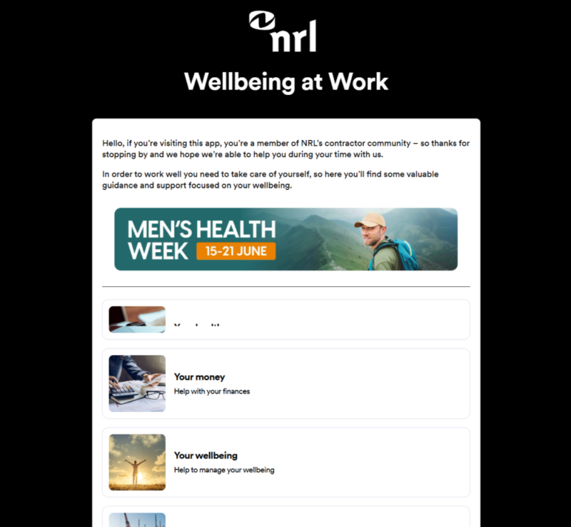 Screenshot of the NRL Wellbeing at Work app showing wellbeing and financial support resources.