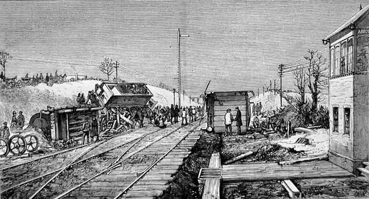 Illustration of derailed train carriages beside tracks with workers and onlookers gathered at the site.